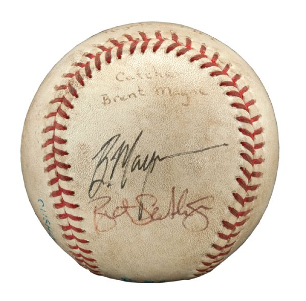 BRET SABERHAGENS 1991 NO-HITTER LAST OUT GAME USED BASEBALL SIGNED BY SABERHAGEN AND CATCHER BRENT MAYNE (SABERHAGEN LOA) 