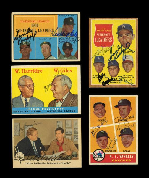 1958-1962 SIGNED CARD LOT OF 5 WITH A TOTAL OF 12 SIGNATURES (6 HOFERS)
