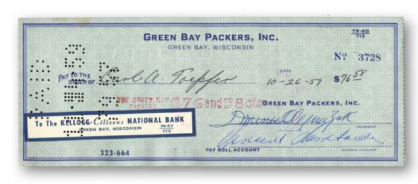 VINCE LOMBARDI SIGNED GREEN BAY PACKERS CHECK