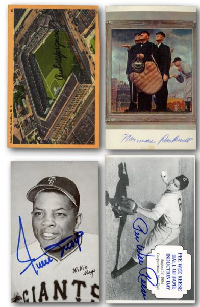  AUTOGRAPHED PHOTO, POSTCARD, CARD LOT OF OVER 60 WITH HALL OF FAMERS