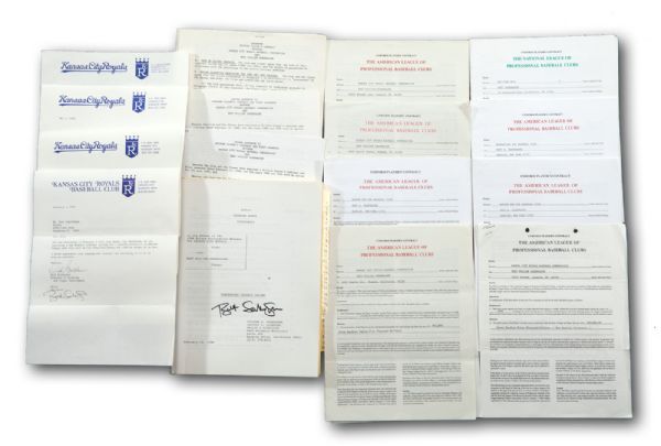 BRET SABERHAGENS COLLECTION OF HIS (8) SIGNED MAJOR LEAGUE PLAYER CONTRACTS WITH ROYALS, METS AND RED SOX INCL. ROYALS ARBITRATION AGREEMENT (SABERHAGEN LOA) 