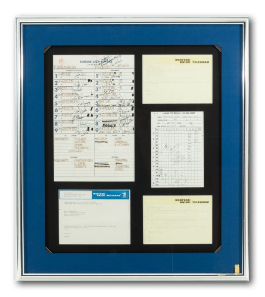 BRET SABERHAGENS 1991 NO-HITTER GAME USED KANSAS CITY ROYALS LINE-UP CARD FRAMED WITH CONGRATULATORY TELEGRAMS (SABERHAGEN LOA) 