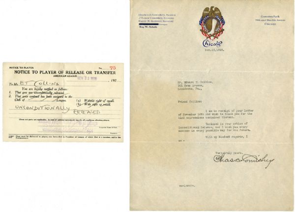 1928 CHARLES COMISKEY SIGNED LETTER TO EDDIE COLLINS NOTIFYING HIM OF HIS UNCONDITIONAL RELEASE WITH MATCHING OFFICIAL PLAYER RELEASE CERTIFICATE