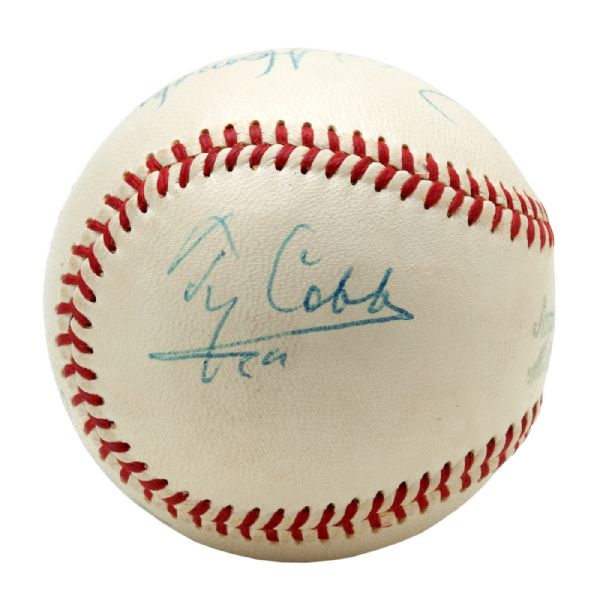 RARE AND EXCEPTIONAL .400 HITTERS MULTI-SIGNED BASEBALL INCL. COBB, SISLER, HORNSBY, TERRY AND WILLIAMS (PSA/DNA OVERALL GRADE 8.5)