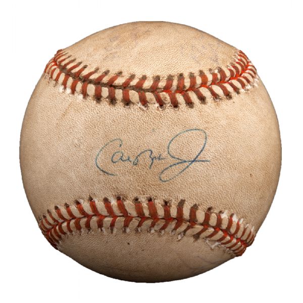 CAL RIPKEN JR. AUTOGRAPHED GAME USED BALL FROM RECORD 2,131ST CONSECUTIVE GAME ALSO INSCRIBED BY UMPIRES (LOA FROM AL UMPIRE DAN MORRISON)