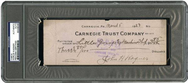 HONUS WAGNER SIGNED 1927 BANK CHECK (PSA/DNA AUTHENTIC)