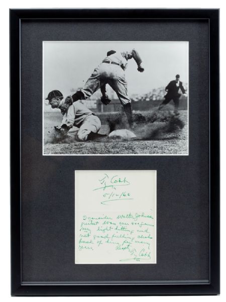 1960 TY COBB DUAL SIGNED HANDWRITTEN LETTER WITH EXCEPTIONAL CONTENT “WALTER JOHNSON GREATEST EVER”