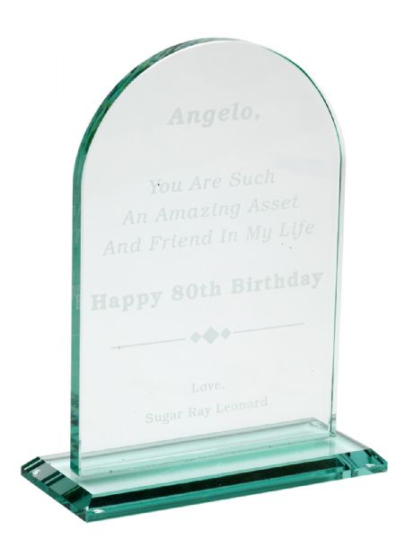 ANGELO DUNDEES "HAPPY 80TH BIRTHDAY" CRYSTAL AWARD FROM RAY LEONARD
