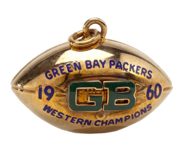 PAUL HORNUNG’S 1960 GREEN BAY PACKERS WESTERN CONFERENCE CHAMPIONS GOLD AND ENAMELED FOOTBALL CHARM (HORNUNG LOA)