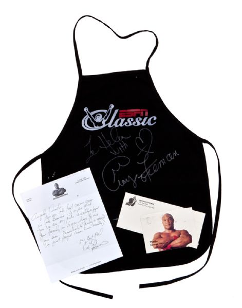 GEORGE FOREMAN HANDWRITTEN LETTER AND SIGNED POSTCARD TO ANGELO DUNDEE AND SIGNED APRON TO HELEN DUNDEE