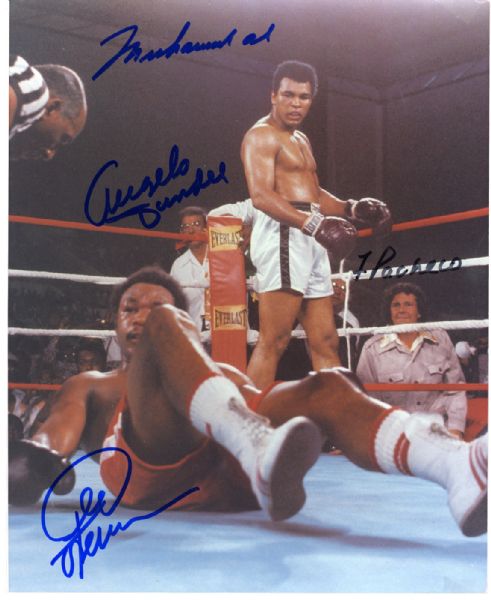 MUHAMMAD ALI, GEORGE FOREMAN, ANGELO DUNDEE AND FERDIE PACHECO AUTOGRAPHED 8" BY 10" PHOTO