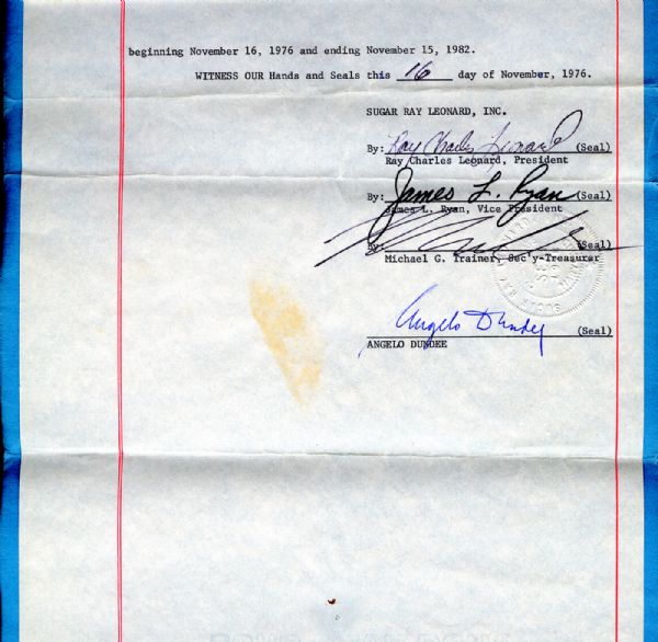 ANGELO DUNDEES 1976 ORIGINAL CONTRACT TO MANAGE SUGAR RAY LEONARD SIGNED BY DUNDEE AND LEONARD