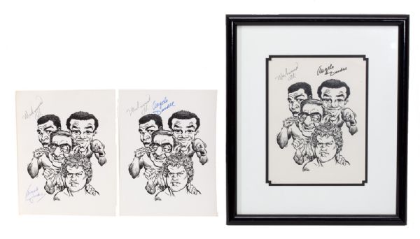 LOT OF (3) ANGELO DUNDEE AND MUHAMMAD ALI AUTOGRAPHED CARICATURE PRINTS