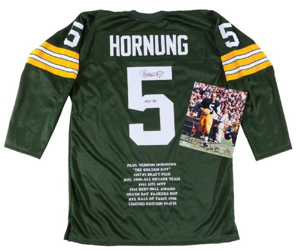 PAUL HORNUNG AUTOGRAPHED LIMITED EDITION (24/25) GREEN BAY PACKERS COMMEMORATIVE JERSEY AND SIGNED 8” BY 10” PHOTO (HORNUNG LOA)