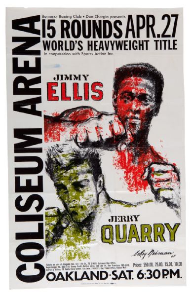 ANGELO DUNDEES 1968 JIMMY ELLIS VS. JERRY QUARRY ORIGINAL FIGHT POSTER WITH PERIOD HANDWRITTEN NOTES FROM DUNDEE AND ELLIS ON REVERSE