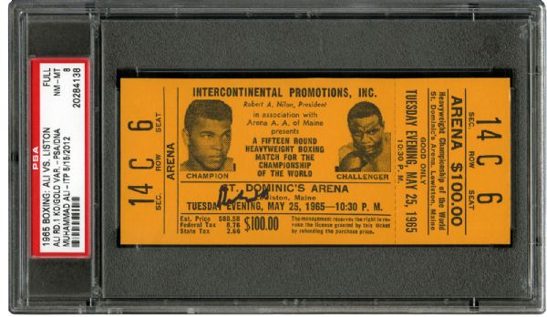 1965 MUHAMMAD ALI (SIGNED) VS SONNY LISTON BOXING FULL TICKET GOLD VARIATION PSA NM-MT 8