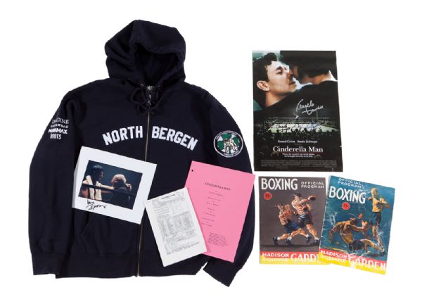 LOT OF MEMORABILIA FROM 2005 MOVIE "CINDERELLA MAN" INCLUDING RUSSELL CROWES SET WORN SWEATSHIRT, CROWE SIGNED PHOTO, MOVIE PROP BOXING PROGRAMS, SCRIPT AND SIGNED MOVIE POSTER