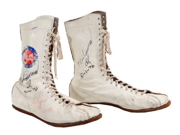 MUHAMMAD ALI AUTOGRAPHED TRAINING WORN SHOES FOR APRIL 30, 1976 FIGHT VS. JIMMY YOUNG 