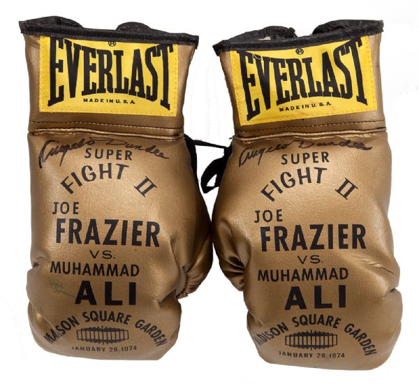 ANGELO DUNDEES AUTOGRAPHED EVERLAST GOLD BOXING GLOVES COMMEMORATING 1974 JOE FRAZIER VS. MUHAMMAD ALI "SUPER FIGHT II" AT MADISON SQUARE GARDEN