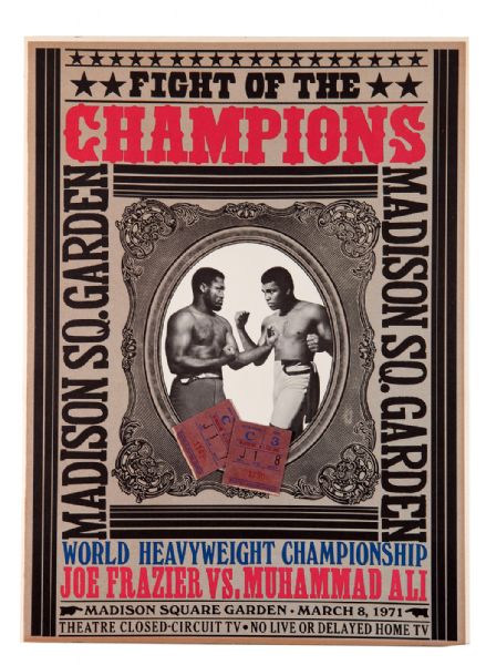ANGELO DUNDEES PAIR OF RINGSIDE TICKET STUBS FROM ALI/FRAZIER I "THE FIGHT OF THE CENTURY" MARCH 8, 1971 WITH REPRODUCTION FIGHT POSTER