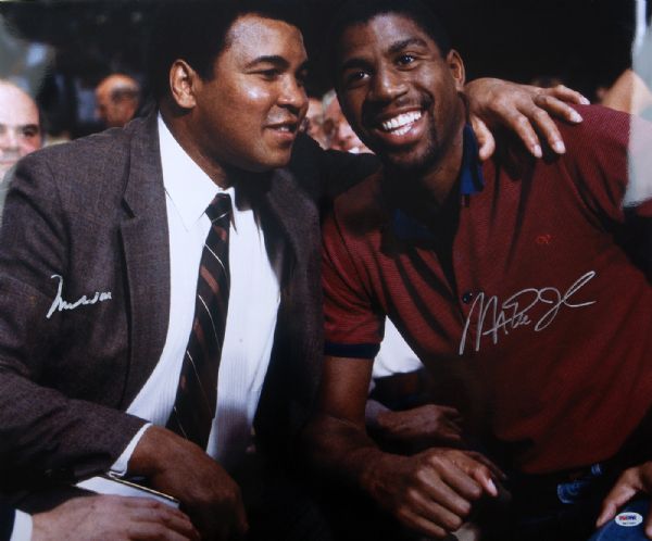 MUHAMMAD ALI AND MAGIC JOHNSON AUTOGRAPHED LARGE 20" BY 24" PHOTOGRAPH