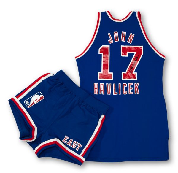 JOHN HAVLICEKS SIGNED 1980S NBA SCHICK LEGENDS GAME WORN JERSEY AND SHORTS (HAVLICEK LOA)
