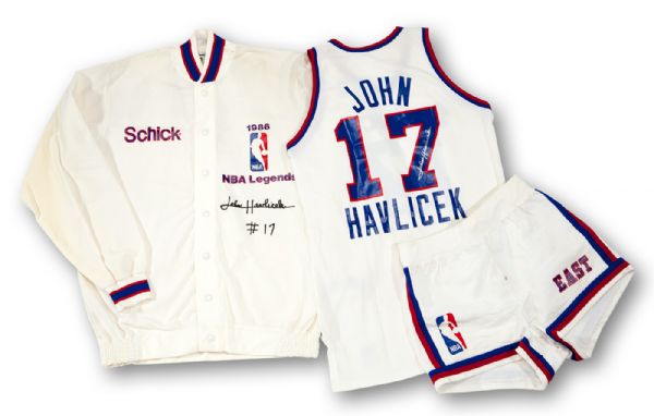 JOHN HAVLICEKS 1986 DUAL-SIGNED SCHICK LEGENDS GAME WORN JACKET, JERSEY AND SHORTS (HAVLICEK LOA)