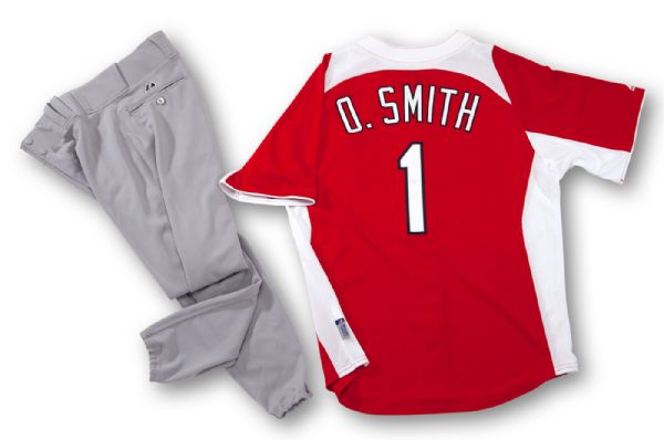 OZZIE SMITHS 2012 ST. LOUIS CARDINALS WORN JERSEY AND PANTS FOR COMMERCIAL