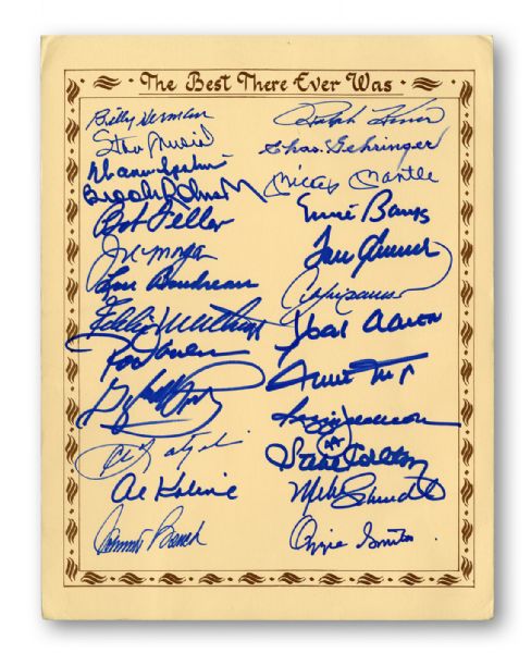 OZZIE SMITHS PERSONAL SIGNED "THE BEST THERE EVER WAS" 8 1/2 X 11 SHEET INCL. OZZIE, MANTLE, MAYS, AARON, MATHEWS, BENCH, MUSIAL AND MANY OTHERS, 