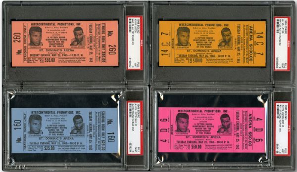  1965 ALI VS LISTON FULL TICKETS COMPLETE WITH ALL FOUR COLOR VARIATIONS MINT PSA/DNA 9