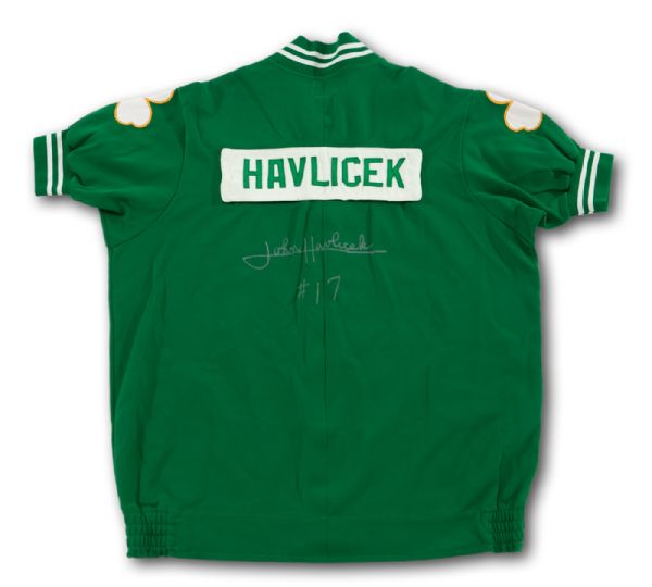 JOHN HAVLICEK’S SIGNED BOSTON CELTICS GREEN ROAD GAME WORN JACKET WITH NAME PLATE ON REVERSE (HAVLICEK LOA)