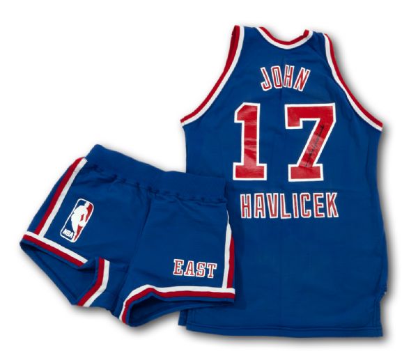 JOHN HAVLICEK’S C.1980’S SIGNED SCHICK LEGENDS NBA GAME WORN BLUE JERSEY AND SHORTS (HAVLICEK LOA) 