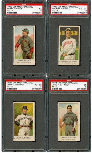  1908 E91 AMERICAN CARAMEL PSA GRADED HALL OF FAME LOT OF 4 - CHANCE (1/1), TINKER, MCGRAW (1/4), AND WADDELL (1/2)