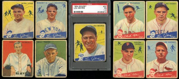  1933 GOUDEY (15) AND 1934 GOUDEY (26) LOT OF 41 INC. 1934 GOUDEY #37 LOU GEHRIG FR PSA 1.5 AND 9 HIGH NUMBERS