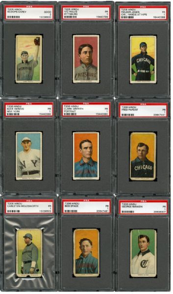  1909-11 T206 BROWN HINDU BACK MOSTLY PR PSA 1 GRADED LOT OF 10 INC. GRIFFITH AND WILLIS