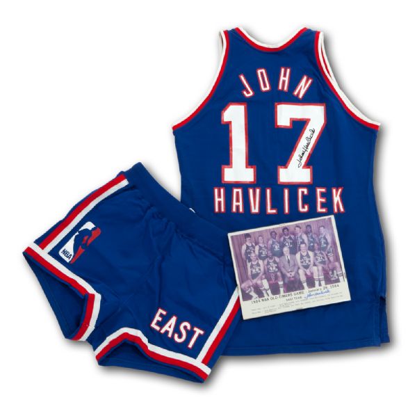 JOHN HAVLICEK’S 1980’S SIGNED NBA OLD-TIMERS SCHICK/AMERICAN AIRLINES GAME WORN UNIFORM AND SIGNED TEAM PHOTO (HAVLICEK LOA) 