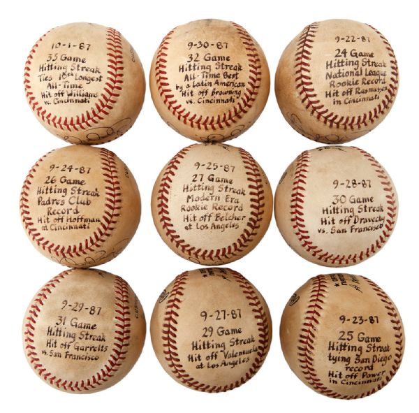 BENITO SANTIAGOS 1987 LOT OF (9) GAME USED AND SIGNED ONL (GIAMATTI) BASEBALLS FROM MLB ROOKIE RECORD HITTING STREAK GAMES 25-33