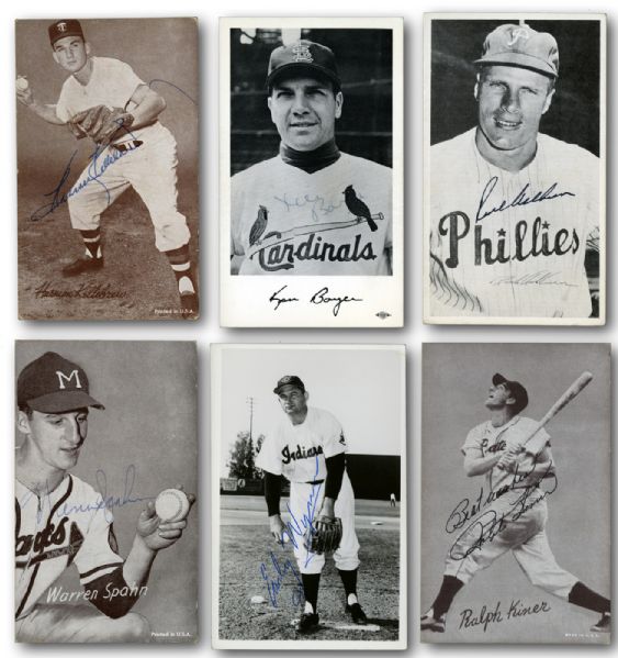  OVER 90 AUTOGRAPHED MOSTLY 1950S - EARLY 1960S EXHIBIT CARDS, POSTCARDS, TEAM ISSUED PHOTOS, ETC WITH HALL OF FAMERS