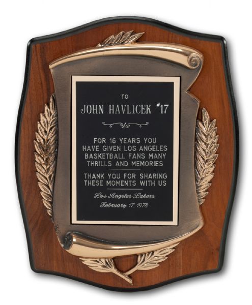 JOHN HAVLICEK’S 1978 FINAL SEASON TRIBUTE AWARD GIVEN BY LOS ANGELES LAKERS (HAVLICEK LOA) 