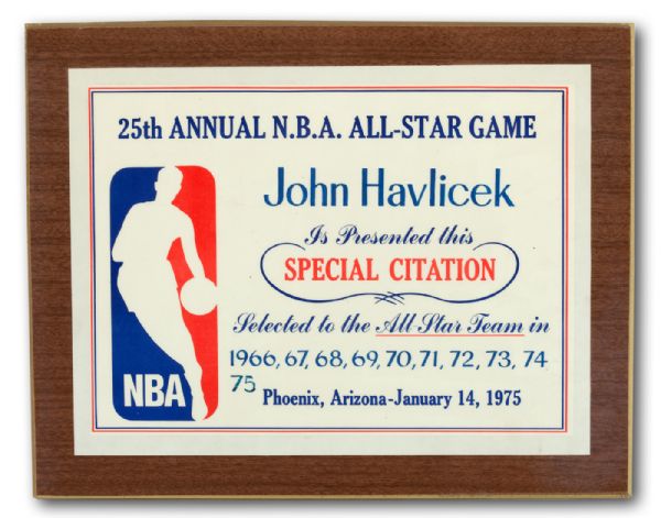 JOHN HAVLICEK’S 25TH ANNUAL NBA ALL-STAR GAME SPECIAL CITATION AWARD FOR BEING SELECTED TO THE NBA ALL-STAR TEAMS IN 1966-1975 (HAVLICEK LOA)