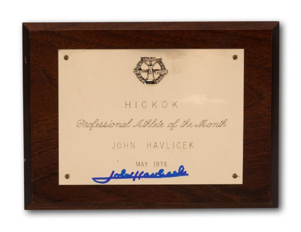 JOHN HAVLICEK’S 1974 SIGNED HICKOK PROFESSIONAL ATHLETE OF THE MONTH AWARD (HAVLICEK LOA)