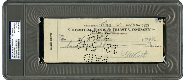 1942 BABE RUTH SIGNED CHECK WITH HANDWRITTEN NOTE ON REVERSE