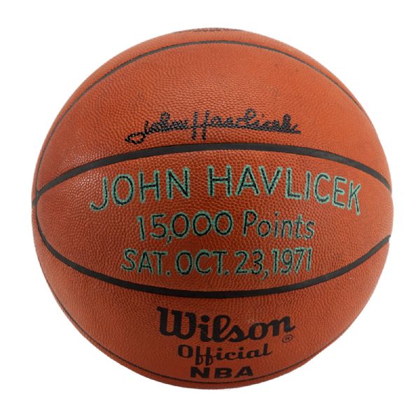 JOHN HAVLICEK’S 1971 SIGNED OFFICIAL WILSON NBA GAME BASKETBALL USED TO SCORE 15,000TH POINT (HAVLICEK LOA)