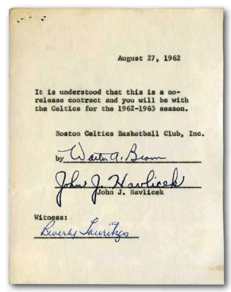 1962 JOHN HAVLICEK AND WALTER BROWN SIGNED “NO RELEASE CONTRACT” FOR THE 1962-63 SEASON