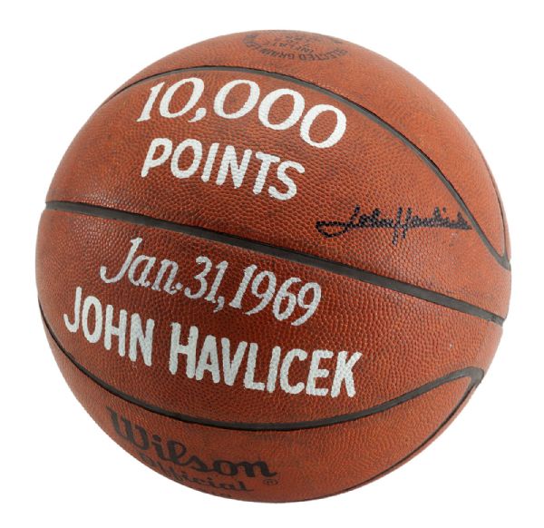 JOHN HAVLICEK’S 1969 SIGNED OFFICIAL WILSON NBA GAME BASKETBALL USED TO SCORE 10,000TH POINT (HAVLICEK LOA)