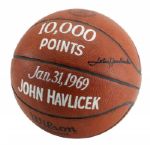 JOHN HAVLICEK’S 1969 SIGNED OFFICIAL WILSON NBA GAME BASKETBALL USED TO SCORE 10,000TH POINT (HAVLICEK LOA)