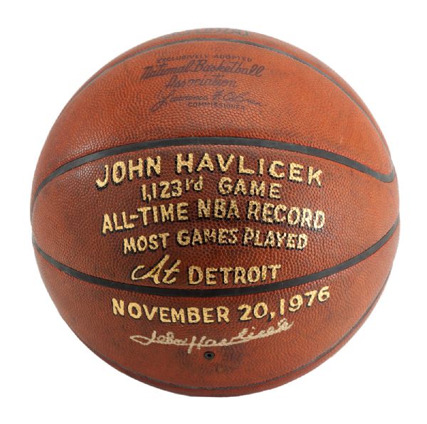 JOHN HAVLICEK’S 1976 SIGNED OFFICIAL WILSON NBA GAME BASKETBALL USED IN NBA RECORD 1,123RD GAME PLAYED (HAVLICEK LOA)