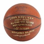 JOHN HAVLICEK’S 1976 SIGNED OFFICIAL WILSON NBA GAME BASKETBALL USED IN NBA RECORD 1,123RD GAME PLAYED (HAVLICEK LOA)