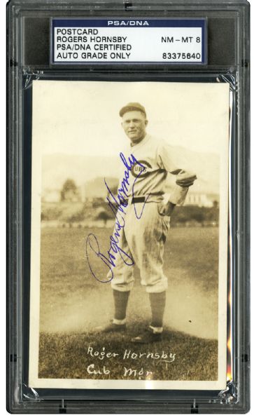  ROGERS HORNSBY 1931 CHICAGO CUB AUTOGRAPHED REAL PHOTO POSTCARD NM-MT PSA/DNA 8