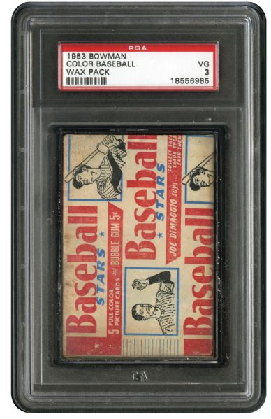  1953 BOWMAN COLOR BASEBALL UNOPENED 5 CENT WAX PACK (3RD SERIES) VG PSA 3 (1/1)